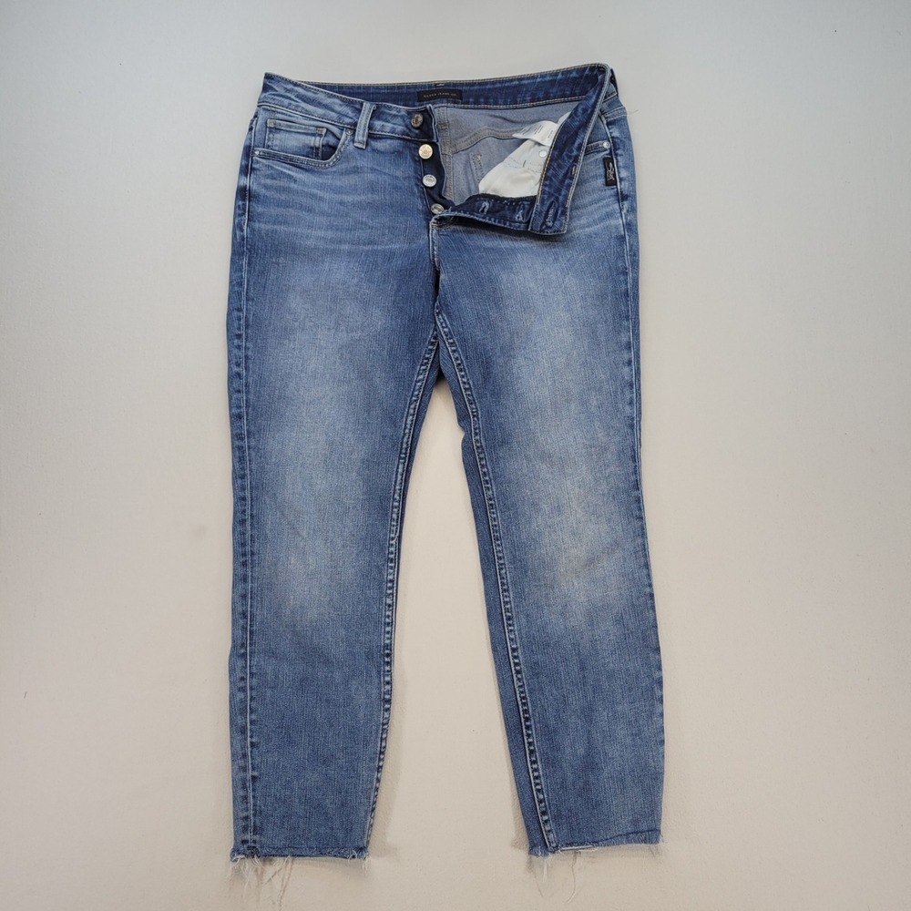 Silver Jeans Suki‎ Skinny Crop Womens W31 L26 Blue Mid Rise Button Fly Raw Hem